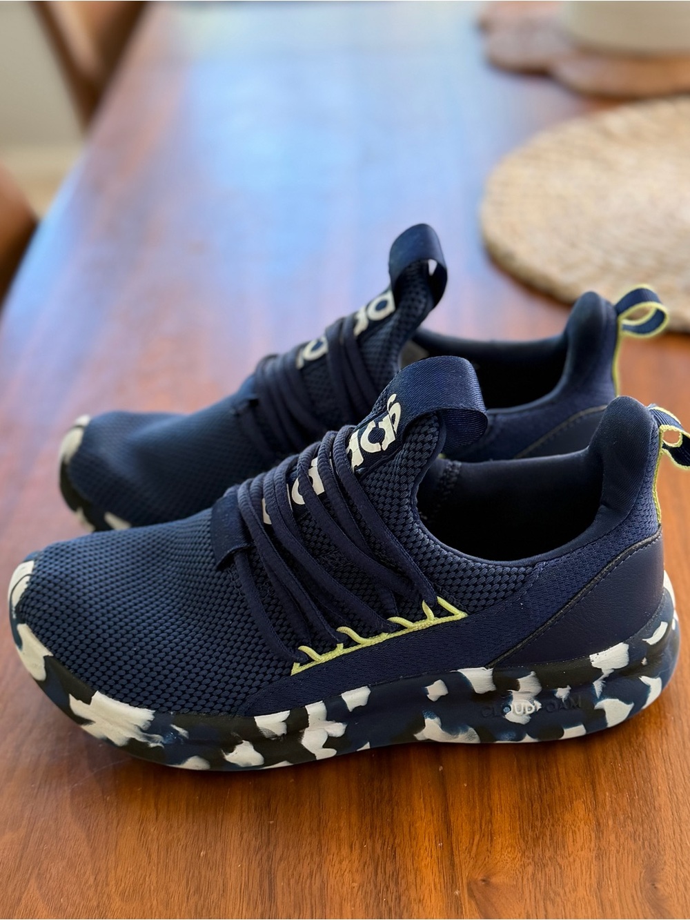 adidas boys size 5 navy blue camo sneakers worn once!